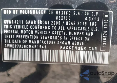 2012 Volkswagen Jetta 2.5L Se z USA, uszkodzony, nr VIN 3VWDP7AJ6CM451543